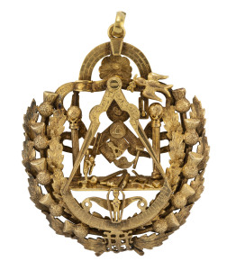 A superb 15ct gold Western Australian Masonic bespoke jewel, by Middlewick jewellers of Perth, early 20th century, inscribed " Presented to R.W.M. Bro. J. H. Trevaskis. By Brethren Of Lodge Sir William Wallace, 1932.", (Kalgoorlie) stamped "15ct. M", 45 