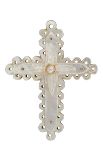 LEVINSON Western Australian crucifix brooch, mother of pearl and 9ct gold, circa 1900, stamped "LEVINSON, PERTH", 7cm high