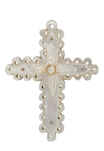 LEVINSON Western Australian crucifix brooch, mother of pearl and 9ct gold, circa 1900, stamped "LEVINSON, PERTH", ​7cm high