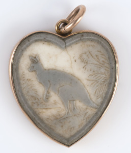 An Australian Colonial emu egg carved cameo love heart kangaroo pendant in 9ct gold mount, 19th century, stamped "9ct", ​3cm high
