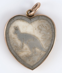 An Australian Colonial emu egg carved cameo love heart kangaroo pendant in 9ct gold mount, 19th century, stamped "9ct", 3cm high