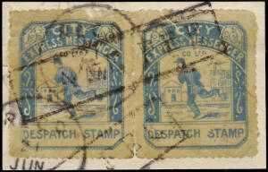 Victoria: 1894 Boyd's City Express Messenger Co. Ltd., 1st Printing in green, used single with part light blue Boyd's h/stamp and 2nd Printing in blue, pair (faults) used, tied on piece. On an annotated page. (3).