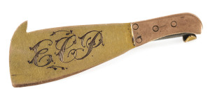 Butchers brooch, 9ct rose and yellow gold, 19th century, stamped "9ct" and engraved "E.T.P", 4cm long, 2.1 grams.