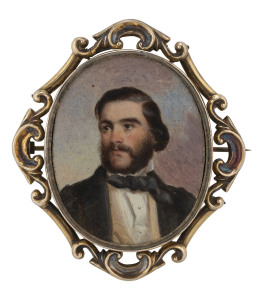 ROBERT HAWKER DOWLING (1827 - 1886), superb miniature portrait in oil on ivory, backed with a tintype portrait of Dowling and all contained within a brooch; circa 1850s., 7 x 6cm overall. Dowling was born in England, the youngest son of Rev. Henry Dowling and his wife Elizabeth, née Darke. He was brought to Launceston, with his parents in 1839. He received painting lessons from Thomas Bock and Frederick Strange, and in 1850 advertised as a portrait painter.