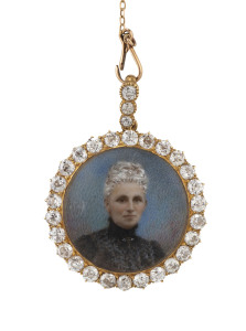 Late 19th century 18ct gold pendant with diamond set miniature of a lady suspended on fine gold chain from a diamond set bar pin by Larard Bros., Melbourne. Diamond weight estimated at approx. 4ct.