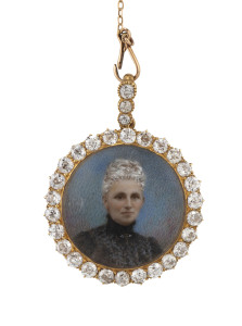 Late 19th century 18ct gold pendant with diamond set miniature of a lady suspended on fine gold chain from a diamond set bar pin by Larard Bros., Melbourne. Diamond weight estimated at approx. 4ct.  