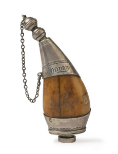 A pocket flask, whale tooth and silver, engraved "HANNA", 19th century, ​12cm high