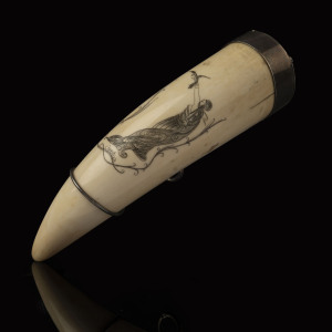 A scrimshaw pocket snuffbox, whale's tooth and silver, engraved "Christian", 13cm high
