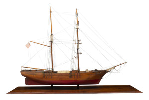 WOLLOMAI Australian scratch made boat builders model ship, huon pine and cedar, circa 1870s.The Wollomai was a 146 ton two masted ketch built in Melbourne in 1876, 75cm high, 109cm long, 32cm deep
