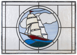 The Continental Hotel, Sorrento, Victoria: Original leadlight window from the dining room with tallship motif, late 19th century. This window was covered up during renovations during the 20th century and remained hidden until it was rediscovered during demolition works in the late 20th century, 55cm x 75cm
