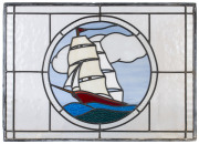 The Continental Hotel, Sorrento, Victoria: Original leadlight window from the dining room with tallship motif, late 19th century. This window was covered up during renovations during the 20th century and remained hidden until it was rediscovered during de