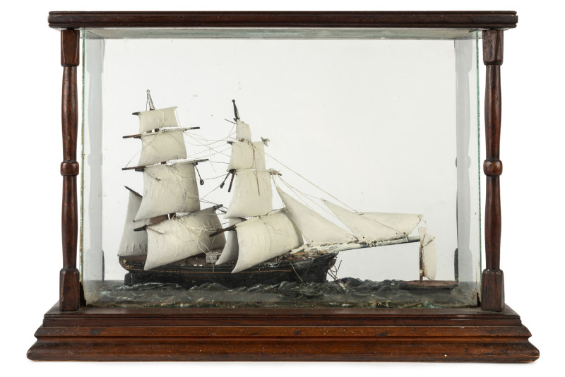 A tallship diorama in cedar and glass display cabinet, Australian, 19th century, ​44cm across