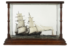 A tallship diorama in cedar and glass display cabinet, Australian, 19th century, 44cm across