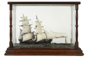 A tallship diorama in cedar and glass display cabinet, Australian, 19th century, ​44cm across