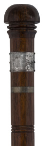 H.M.A.S. SYDNEY Presentation walking stick with silver plaque "A Token Of Esteem From A.C.T. Branch, R.S.S.A.I.L.A.", enamel plaque in the top of the handle reads "Wood From H.M.A.S. Sydney". The Sydney was famed for being the first Australian naval ship to engage the enemy in battle in WW1 on the 1st of November 1914, where she encountered the German light cruiser the S.M.S. EMDEN in what became known as the Battle of the Cocos. 88cm high