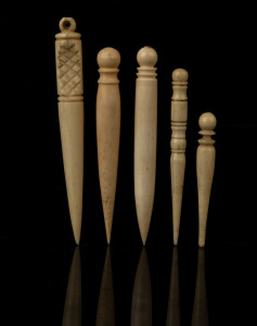 Five whalebone bodkins, 19th century, the tallest 9cm high