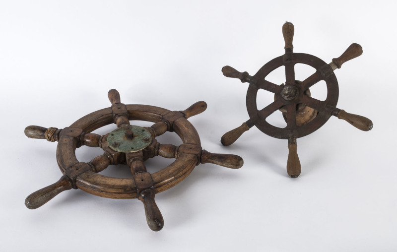 Two vintage boat steering wheels, timber and brass, 20th century, ​the larger 51cm diameter