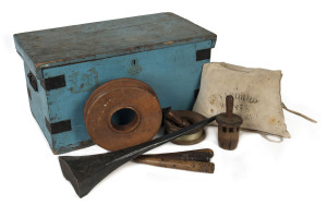 Sailor's trunk and personal collection including three wooden fids, marlin spike, three timber handreels, canvas hammock and a "Standard West's Life Jacket" all housed in blue painted timber trunk with brass plaque "Goy & Co. Outfitters, 36 Leadenhall Street, London"