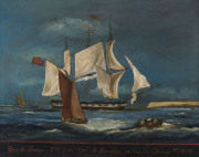 CHINA TRADE PAINTING (19th century), "Bark Emu", oil on canvas, ​signed lower left "Capt. V. Melzer", titled "Bark Emu, 293 tons, Capt. A. Scanlan, Sailing To China A.D. 1842", 40 x 51cm - 2