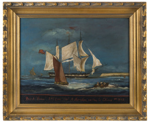 CHINA TRADE PAINTING (19th century), "Bark Emu", oil on canvas, ​signed lower left "Capt. V. Melzer", titled "Bark Emu, 293 tons, Capt. A. Scanlan, Sailing To China A.D. 1842", 40 x 51cm