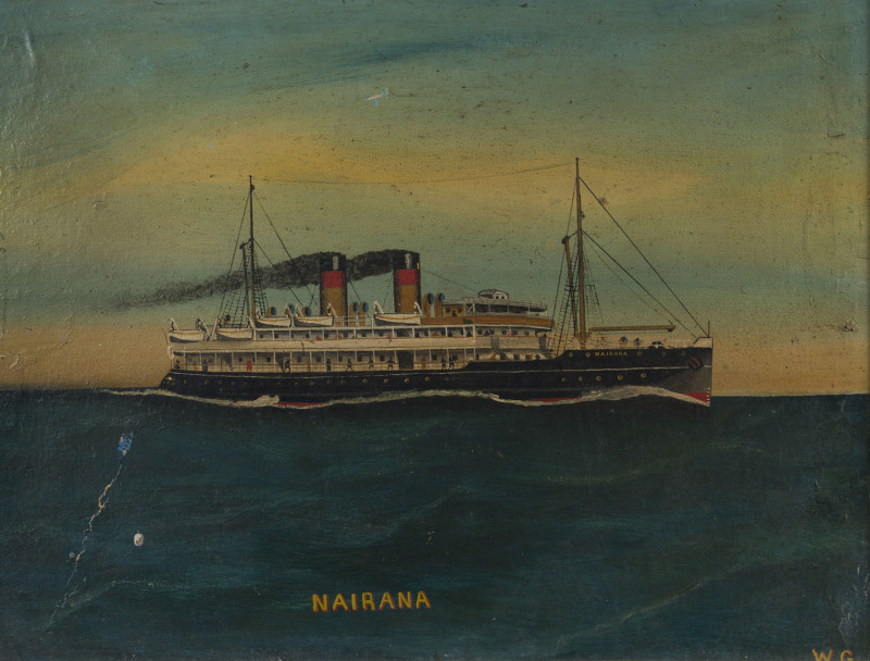 Maritime painting, Nairana, oil on card, monogram and title lower margin "W.G." and "Nairana", 36 x 48cm ​ NOTE: The HMS NAIRANA was a passenger ferry built for Huddard & Parker but she was requisitioned by the British Navy at the start of WW1 and subsiq