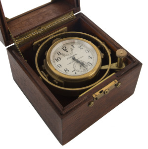 Hamilton Marine Chronometer, fusee movement in a gimbaled brass case mounted in a timber box, 20th century, ​marked "3774, Overhaul Due Jan. 1966", 12cm high, 13cm wide, 13cm deep