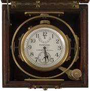 Hamilton Marine Chronometer, fusee movement in a gimbaled brass case mounted in a timber box, 20th century, ​marked "3774, Overhaul Due Jan. 1966", 12cm high, 13cm wide, 13cm deep - 2