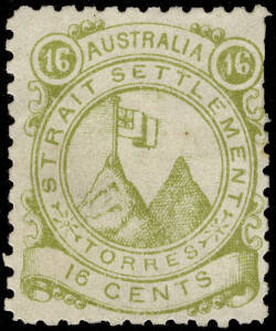 TORRES STRAITS SETTLEMENT, 2c, 4c & 16c lower 3 values of a set of 5 (lacks 24c & 36c). These stamps first appeared on the philatelic market about 1897. Despite some speculation, their origin is still unresolved. Slightly mixed condition, some gum traces 