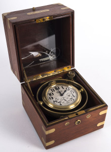 Waltham Ships Chronometer, 8 day movement in brass and timber case with additional wooden case, 20th century, 13cm high, 12.5cm wide, 12.5cm deep