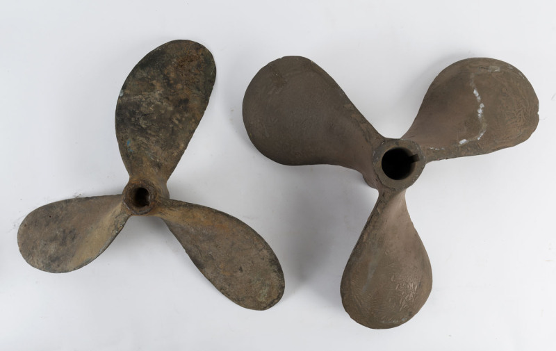 Two vintage boat propellers, solid cast brass, 45cm and 47cm across