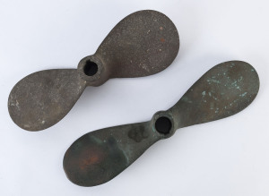 Two dual blade boat propellers, solid cast brass, 42cm and 37cm across