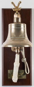VICKERS ADAMS Reproduction cast brass presentation bell on wooden board, 45cm high