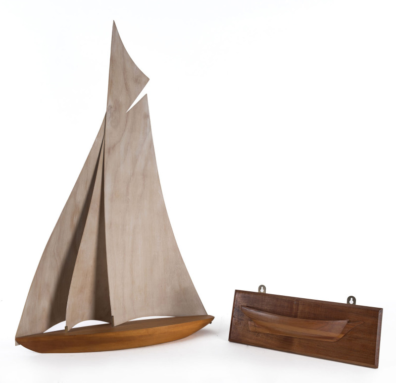 A model timber boat and wall mounted boat hull, ​the taller 76cm high