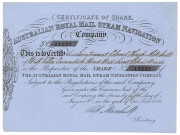 August 25th, 1852 Australian Royal Mail Steam Navigation Company share certificate issued to Lieutenant Colonel Hugh Mitchell and signed by the company secretary, Robert Marshall.