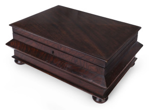 Early Australian Colonial cedar workbox, New South Wales origin, circa 1840, 16cm high, 34.5cm wide, 24cm deep, Note a near identical example is illustrated in: "Nineteenth Century Australian Furniture" by Fahy, Simpson & Simpson, Plate 234, Page 397.