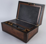 A Colonial writing box compendium, cedar and fiddleback blackwood with a central huon pine monogram surrounded by quartered panels, fitted interior with ebony trim on cedar with leathered writing slope, Tasmanian origin, mid 19th century, 16cm high, 36cm - 2