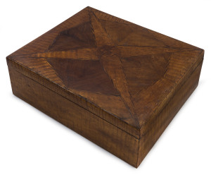 An Australian deed box, mountain ash, Queensland maple, beefwood and cedar, 19th century, fitted with lift out tray, 12cm high, 31cm wide, 26cm deep