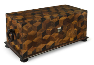 Anglo-Celanese box with specimen timber tumbling box motif, early 19th century, 20cm high, 45cm wide, 19cm deep