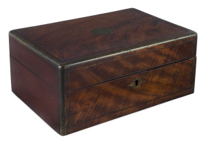 An Australian Colonial ladies travel box, cedar with brass inlay, fitted with tray and jars, mid 19th century, with original key, 11cm high, 25cm wide, 17cm deep