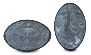A pair of carved emu eggs with Australian animals and Sydney Heads, 19th century, housed in original cardboard box with inscription "Gift From Australia, Brother Charles Emu Eggs", 13cm high