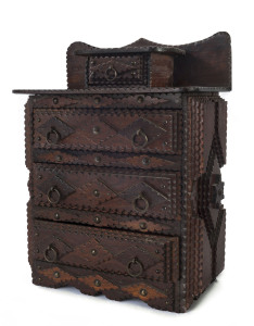 A tramp art miniature chest of drawers, cigar box cedar, circa 1890, ​33cm high
