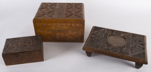 A fine chip carved trivet, deed box and cigar box, blackwood, pine and cedar, 19th century, the trivet 30cm across