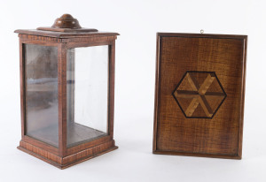 A miniature Australian display cabinet and plaque, fiddleback blackwood, early 20th century, the cabinet 30cm high