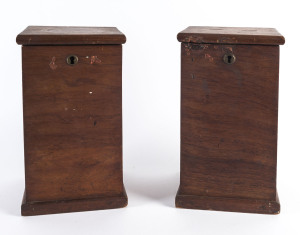 A pair of BALLOT BOXES; 19th Century, cedar; lockable and still with evidence of sealing wax, each 29.5cm tall & 16.5cm square. (2 items).