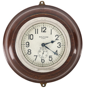 Rare Waltham ships clock, 8 day movement, pop out front with winder on top, circa 1914, stamped on the back "Patent Sept. 29th, 1914", 14cm diameter.