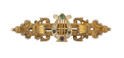 SUFFRAGETTE Yellow gold bar brooch in lyre form set with seed pearl, tourmaline and garnet, 19th century,