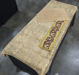 Chinese altar cloth, Buddhist woven silk cloth and embroidered panel, 19th century, embroidered panel 85 x 22cm