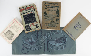 A small group of travel-related publications including "Picturesque Victoria and How to get there" (Victorian Railways, 1912); "Melbourne & Suburban Hotel, Guest, and Boarding House Guide" (Victorian Railways, 1923); "Pictureque Sydney Harbour N.S.W." (published by H.Phillips, c1930); and 2 others. (5 items).