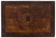 A Colonial writing box compendium, cedar and fiddleback blackwood with a central huon pine monogram surrounded by quartered panels, fitted interior with ebony trim on cedar with leathered writing slope, Tasmanian origin, mid 19th century, 16cm high, 36cm - 3