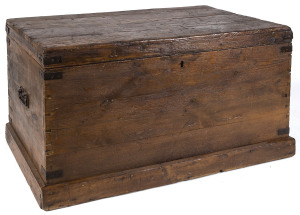 A large blanket box, Baltic pine with metal strapping, South Australian origin, 19th century, 57cm high, 107cm wide, 62cm deep